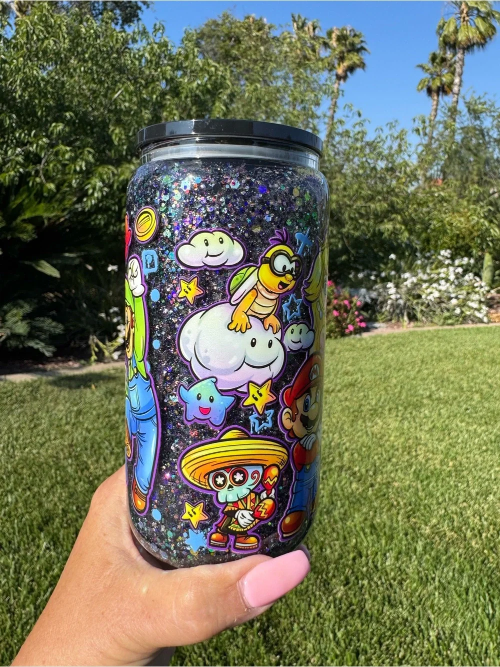 Mario Galaxy snow globe glass Tumbler 16oz